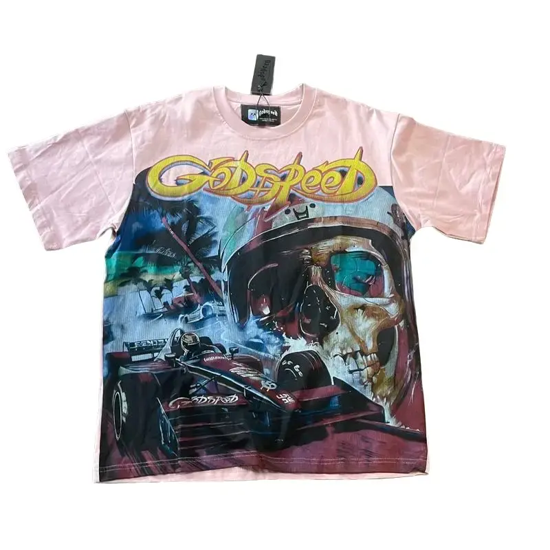 Men's Graphic T-shirt with God Speed Design and Skull Artwork in Pink Color