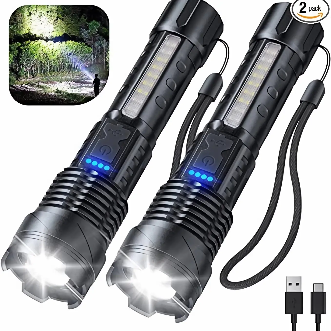 Laser Flashlight High Lumens Rechargeable 1 Pack/2 Pack, Super Bright Led Flashlights with 7 Light Modes, IPX6 Waterproof, Powerful Handheld Flash Lig