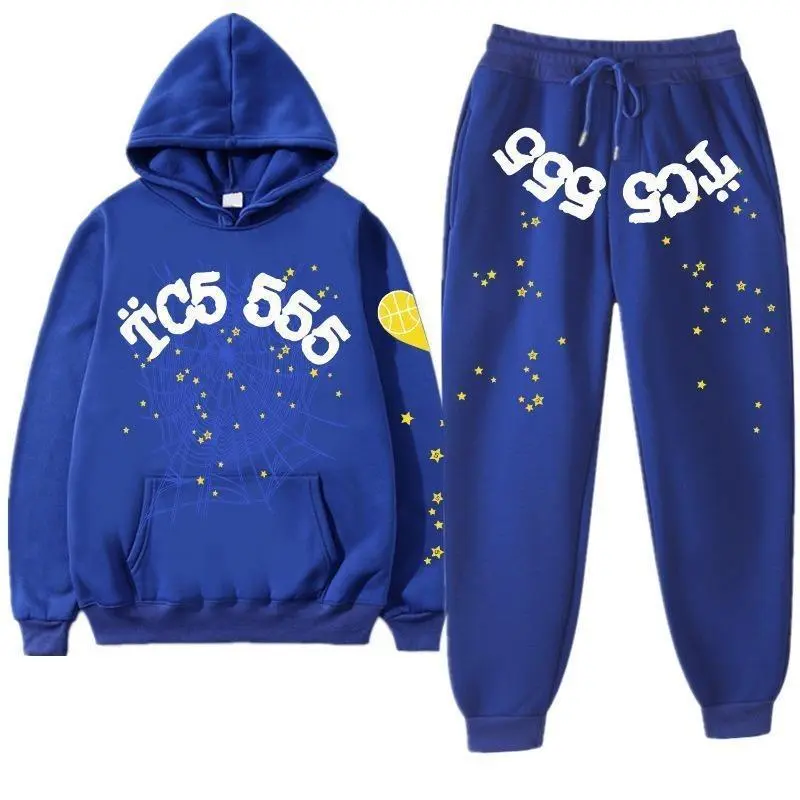Royal Blue Tracksuit Set – Y2K Web Hoodie & Sweatpants, Unisex Streetwear 2-Piece Outfit, Pullover Hoodie Set, Gift for Him & Her