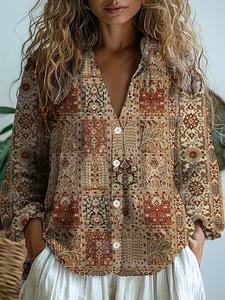 women's all over print shirt, boho casual long sleeve button top for daily holiday vacation wear, ladies clothes for all seasons, vintage clothing, womenswear