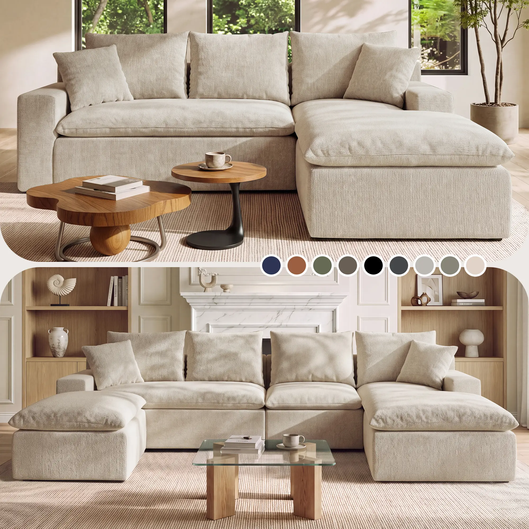 【2 Packages Shipping】118"&92.5" Cloud modular couch Chenille fabric boneless sectional couch Deep seat couch for living room 0113CR