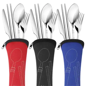3-Pack Reusable Flatware Sets - 12-Piece Portable Stainless Steel Utensils with Knife, Fork, Spoon, Chopsticks & Carrying Cases for Travel or On-the-Go Dining