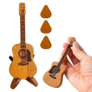 Wooden Guitar-Shaped Holder for Guitar Picks, Complete with3PCS Unique Guitar Picks,A Stand And Box. Mini Engraved Guitar Selection, Perfect for Gifts for Electric Bass Guitar Ukulele Lover