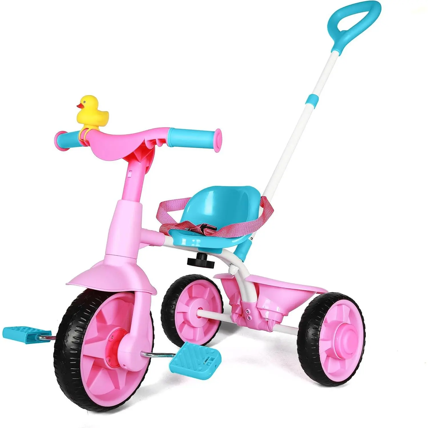 2 in 1 Design Kids Tricycle for Toddlers (18m-3 Years) - Upgraded EVA Wheels, Push Handle, Duck Bell, Pink Baby Tricycle Gift, 18 Months To 3 Years