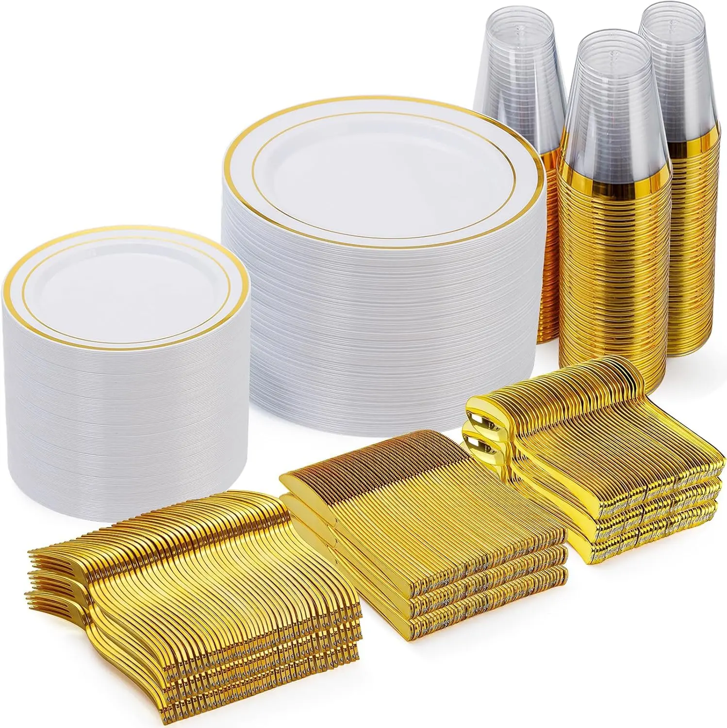600PCS Gold Disposable Dinnerware Set for 100 Guests | Reusable Heavy Duty Plastic Party Plates, Cups & Cutlery | BPA Free Wedding, Catering, Church & Event Supplies