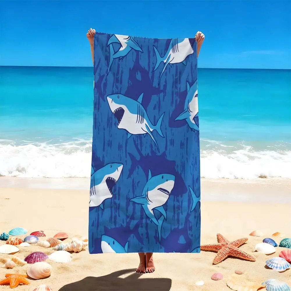 1 PC "Stylish Blue Shark Print Beach Towels for Ocean Adventures - Perfect for Sunbathing, Swimming, and Beach Days" Quick-drying, water-absorbent, lightweight, anti-sand-sticking, can be used as a travel towel, suitable for swimming pools, spas, leisure,