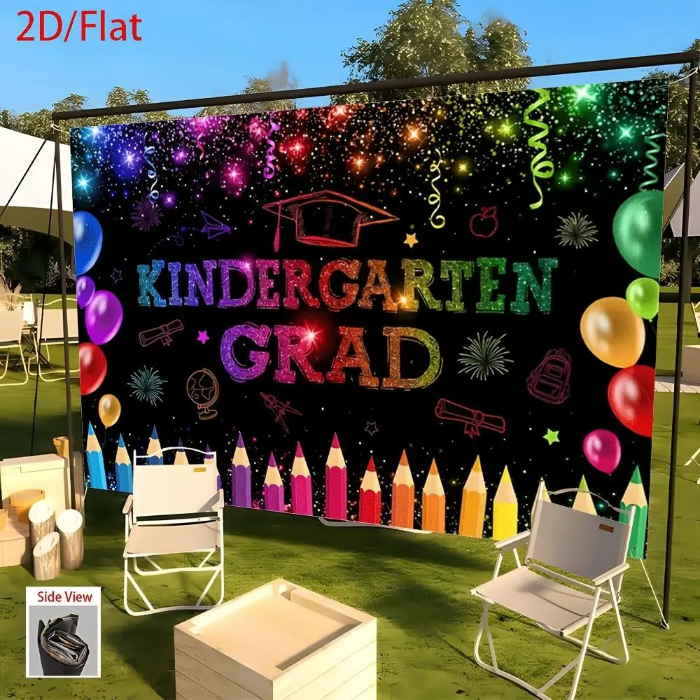 1pc 2D Flat Preschool Graduation Backdrop Banner - Vibrant Polyester Graduation Party Decorations, Outdoor Banners with Print, Balloons, Confetti, Caps - No Electricity Needed for Home, Birthday Use