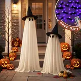 2-Pack White LED Ghost String Lights, Halloween Decor, Multiple Lighting Modes, Remote-Controlled and Adjustable, 5-Foot Adjustable Wind-Resistant Design, Remote-Controlled Indoor/Outdoor Yard and Porch Decor (Batteries Not Included), 2-Pack