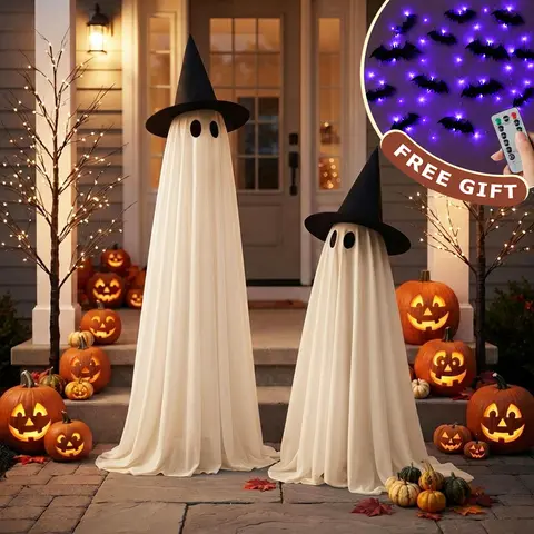 2-Pack White LED Ghost String Lights, Halloween Decor, Multiple Lighting Modes, Remote-Controlled and Adjustable, 5-Foot Adjustable Wind-Resistant Design, Remote-Controlled Indoor/Outdoor Yard and Porch Decor (Batteries Not Included), 2-Pack