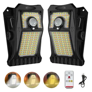 solar outdoor lights 118 LED Solar Clip Lights with Remote,   3-Color   Motion Sensor Outdoor Light, IP65 Waterproof Wireless Security Light for Fence Deck Balcony Patio