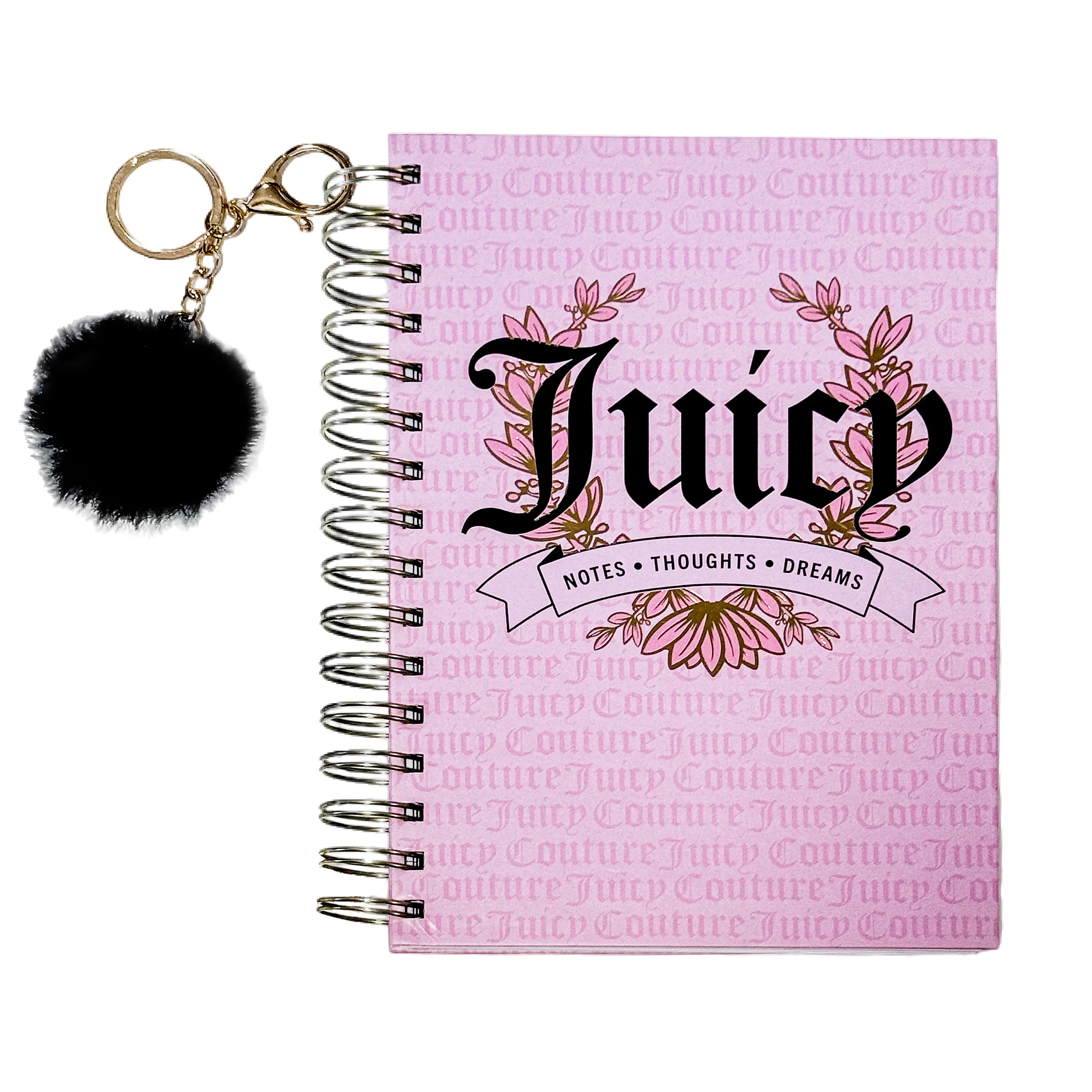 Juicy Couture Notes, Thoughts & Dreams Spiral Notebook Set with Black Pompom Keychain, Office Stationery Supplies, Writing Stationery