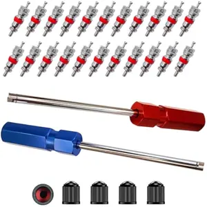 Valve Stem Removal Tool Set- 2Pieces Premium Alloy Valve Tools, Valve Core Remover, 20Pcs Nickel Plated Valve Cores, 5Pcs Tire Valve Caps, Valve Stem Tool,Great Valve Tool for Schrader Valve Cores