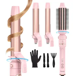 Farery 3-in-1 Interchangeable Automatic Rotating Curling Iron & Thermal Brush Set with Curling Iron Head(1'' & 1.25'' ) and 1.5'' Round Curling Brush Head, Adjustable Temperature