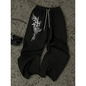 Women's Gothic Print Sweatpants, Y2K Streetwear Oversized Wide-leg Adjustable Drawstring Pants, Retro Grunge Aesthetic, Chic Comfy Pants, Perfect for Daily Wear & Hip-hop Street Styles