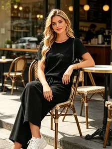 Women's Fashion Solid Color Casual Round Neck Pocket T-Shirt + Drawstring Wide Leg Pants Set Loose Fit Slimming Wide Leg Pants Two-Piece Set Suitable for Summer Commuting to Work Shopping Outings Indoor and Outdoor Wear