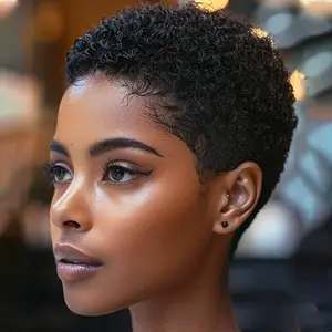Fashion New Hot 180% Density Brazilian Remy Human Hair 6" Short Afro Kinky Curly Glueless Bob Wig - Rose Net Cap, Beginner-Friendly for Daily Wear & Christmas Parties, All Ethnicities, Good Quality Brazilian Wigs, Daily Wear Wig, Pixie Cut Wig, Glueless L