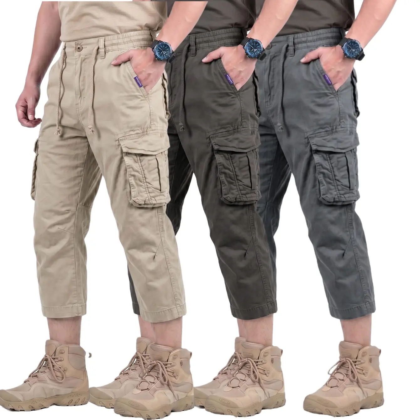 Men’s tactical cargo pants made from pure cotton stretch fabric with multiple pockets, regular fit, machine washable; suitable for camping, hiking, and fishing. Durable, lightweight, and comfortable; eight-inch inseam hiking pants.