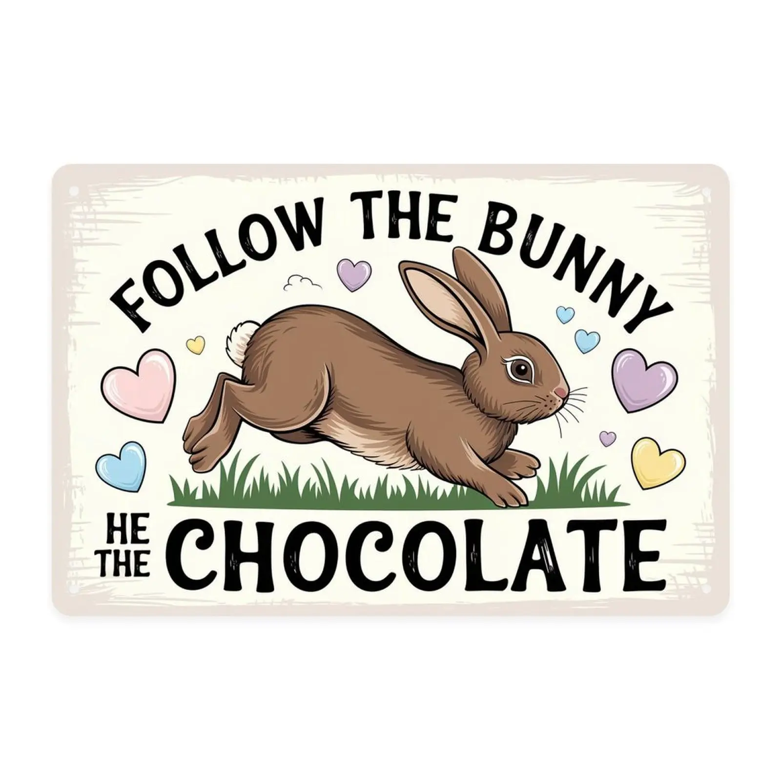Easter Bunny Follow The Bunny to Chocolate  Tin Sign， Vintage Easter Rabbit Metal Sign Print Aesthetic Room Decoration for Home Bedroom Kitchen Dorm Bathroom Wall Decor 8 X 12 in