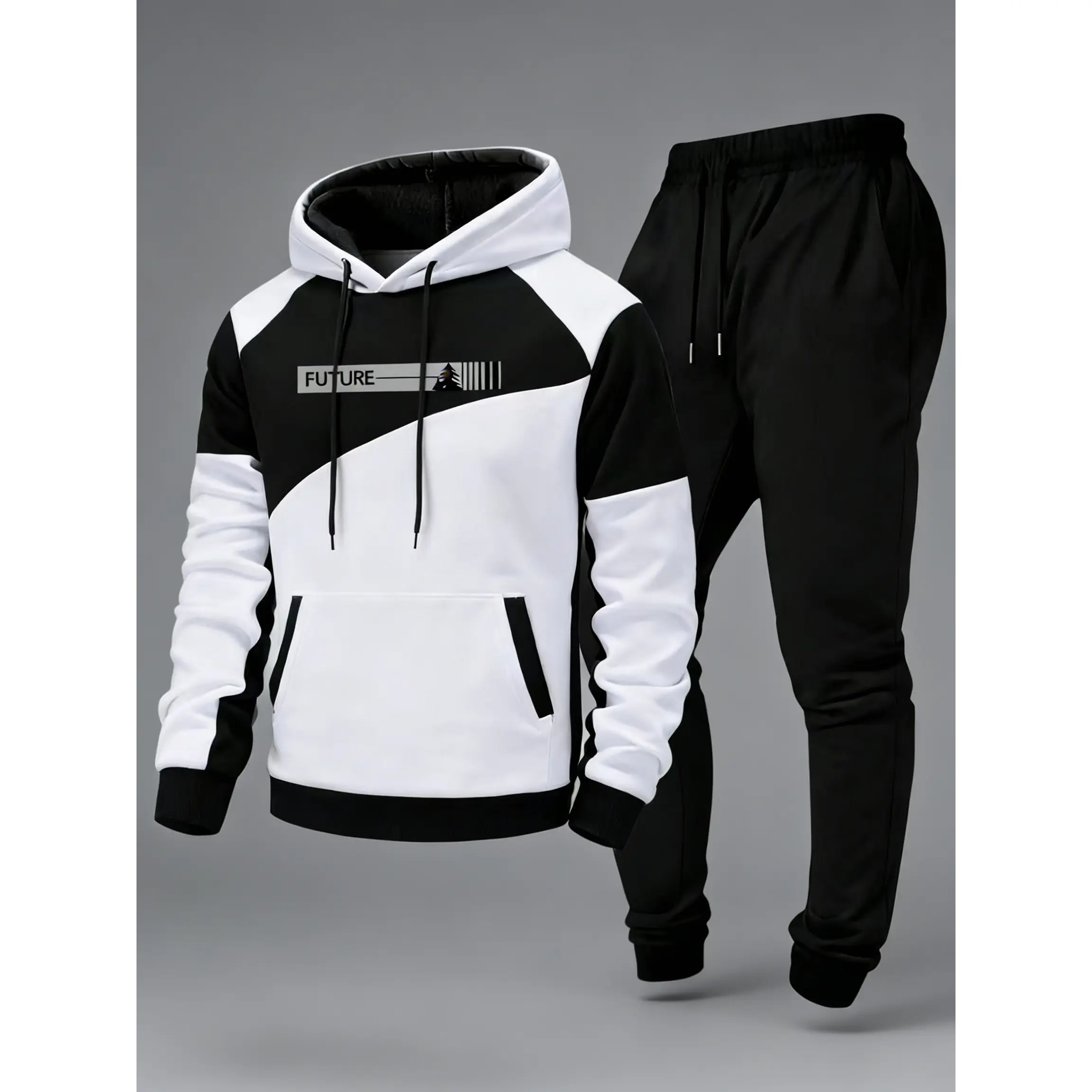 Contrast Color Men's Hoodie Track Suit - "FUTURE" Lettering & Geometric Panel Design 2-Piece Outfit
