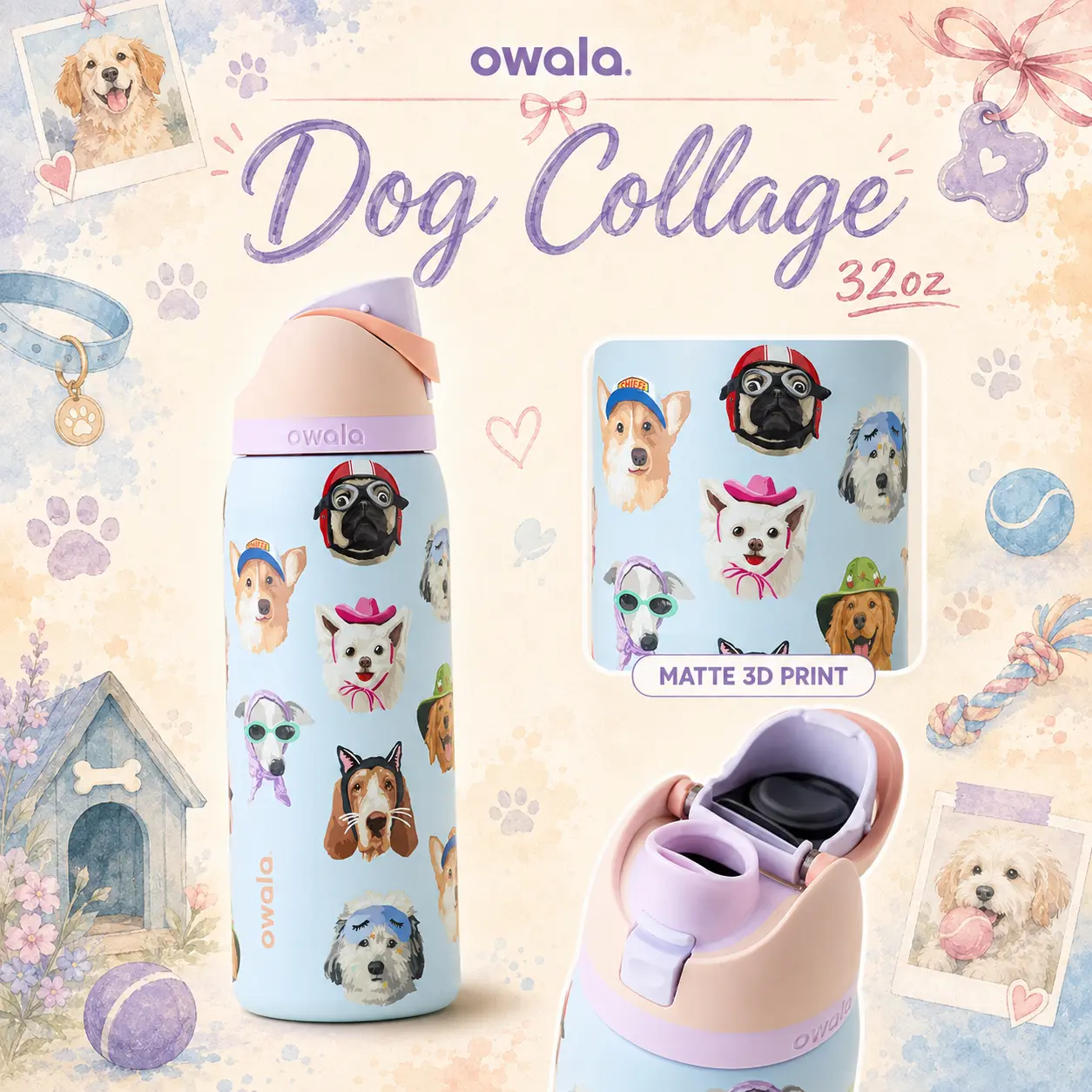 Owala Dog Collage 32oz FreeSip Water Bottle | Owala UO for Dog Lover, Puppy Print Insulated Stainless Steel Bottle for Dog Walks, School, Work, Travel & Daily Hydration