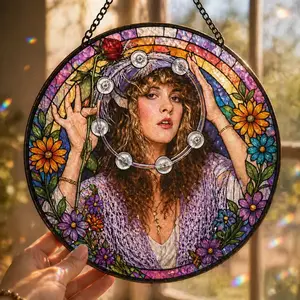 Stevie Nicks Stained Glass Suncatcher, Vintage Music Icon Glass Suncatcher, Sympathy Memory Gift, Colorful Wildflowers Garden Suncatcher, Floral Glass Art