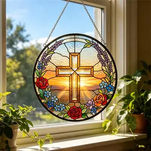 Cross Stained Glass Suncatcher Christian Floral Window Hanging Religious Faith Gift for Baptism & Confirmation