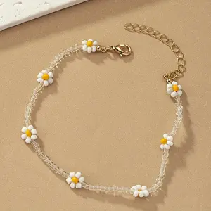 1pc Chic Daisy Glass Bead Anklet - Stylish Braided Design with Golden-Tone Clasp, Perfect for Vacation & Casual Attire