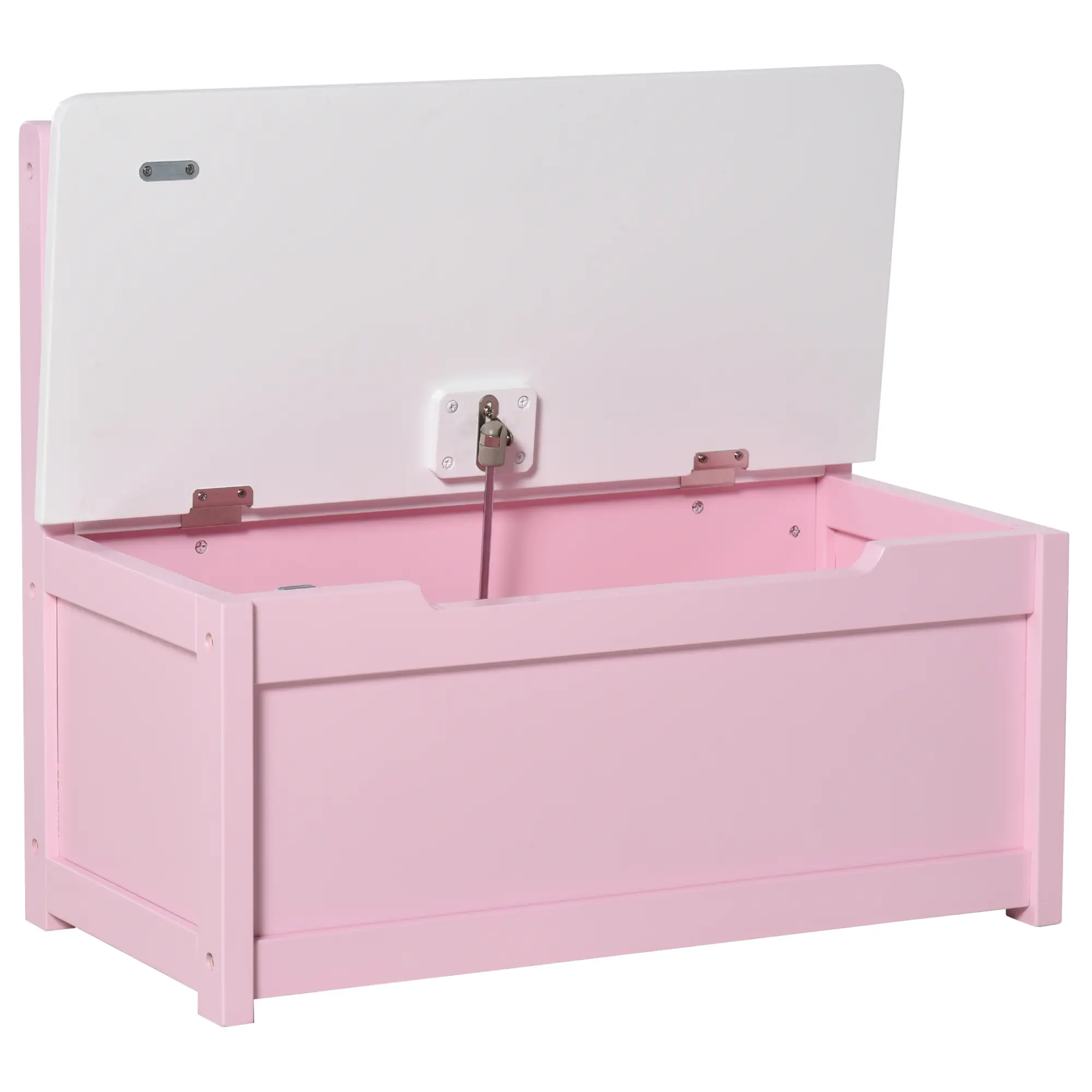 2-In-1 Pink Wooden Storage Bench with Backrest Safety Pneumatic Rod Anti-Pinch Lid MDF & Pine Wood Sturdy Frame 88 LBS Max Load Hidden Storage Chest Organizer for Toddlers 2-5 Years, Multifunctional Stool, Nursery