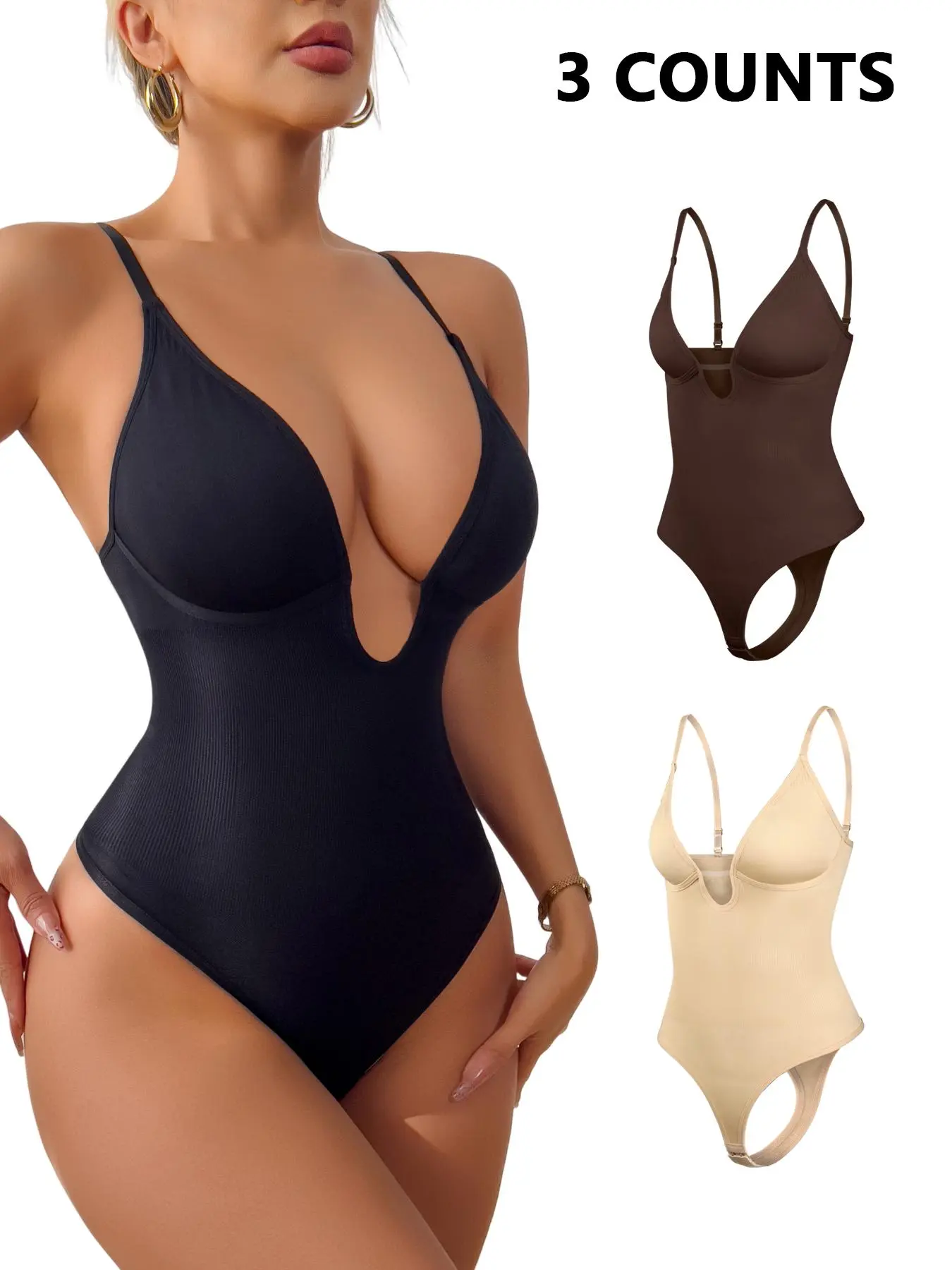 Women's Sexy V-Neck Backless Seamless Shapewear Bodysuit, Solid Color Shaper for Daily Wear, Tummy Control & Push-Up & Abdominal Control, Compression Underwear