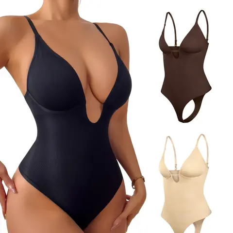 Women's Sexy V-Neck Backless Seamless Faja Shapewear Bodysuit, Solid Color High Stretch Shaper for Daily Wear, Tummy Control & Push-Up, Compression Underwear, Body Shaping Bodysuit