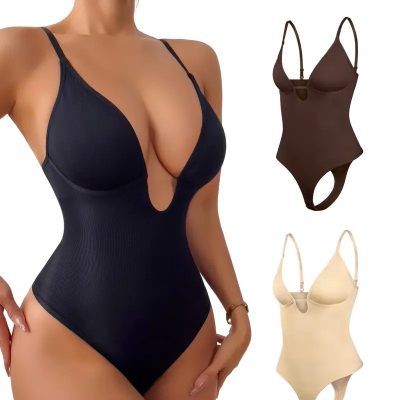 Women's Sexy V-Neck Backless Seamless Faja Shapewear Bodysuit, Solid Color High Stretch Shaper for Daily Wear, Tummy Control & Push-Up, Compression Underwear, Body Shaping Bodysuit