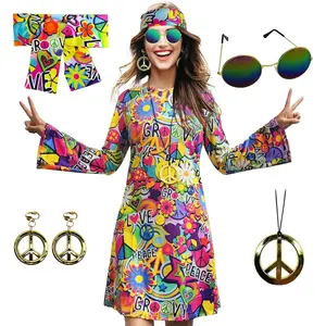 70s Hippie Dress Costumes Necklace Earrings Sunglass Women Disco Outfit, 60s Party Costume, Halloween Retro Dresses Womenswear Clothes Blue