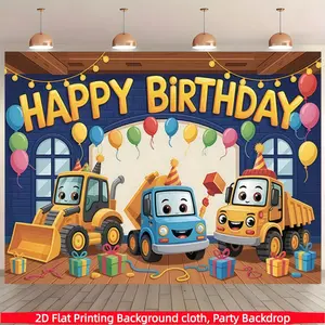 Construction vehicle birthday background banner, bright cartoon truck and balloon design, made of polyester material, suitable for living rooms, bedrooms, offices, birthdays, anniversaries, home decoration, outdoor and indoor parties