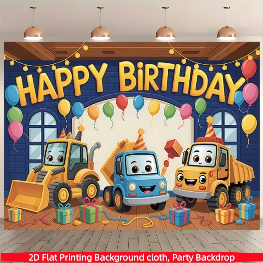 Construction vehicle birthday background banner, bright cartoon truck and balloon design, made of polyester material, suitable for living rooms, bedrooms, offices, birthdays, anniversaries, home decoration, outdoor and indoor parties