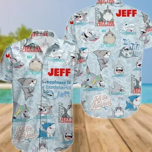 Jeff the Landshark Hawaiian Shirt 100% Polyester, Funny Cartoon Shark Aloha Top, Summer Beach Vacation Outfit, Quirky Gift for Him