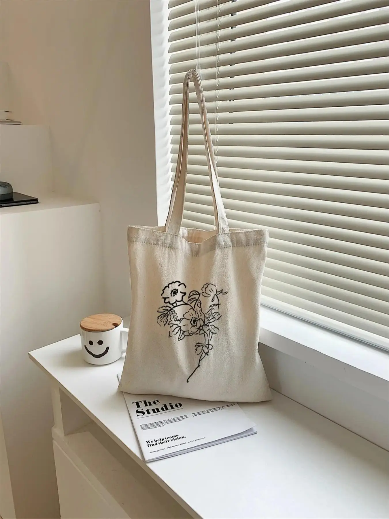 Women's Simple Floral Pattern Beige Canvas Tote Bag, Casual Large Capacity Shoulder Bag for Daily Used, Casual Trendy Versatile High-quality Soft Comm