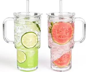 17Oz Glass Tumbler with Handle and Lid, 2 Pack Iced Coffee Cups with Straw, Thicked Wall Glass Mug for Cold & Hot Water, Travel Car Cup for Smoothies, Tea, and Juice