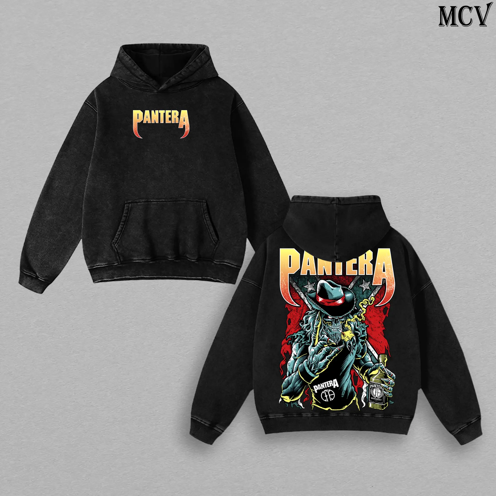 Pantera Whiskey Skull Graphic Washed T-Shirt, Washed Hoodie, Sweatshirt Vintage Heavy Metal Fan Apparel