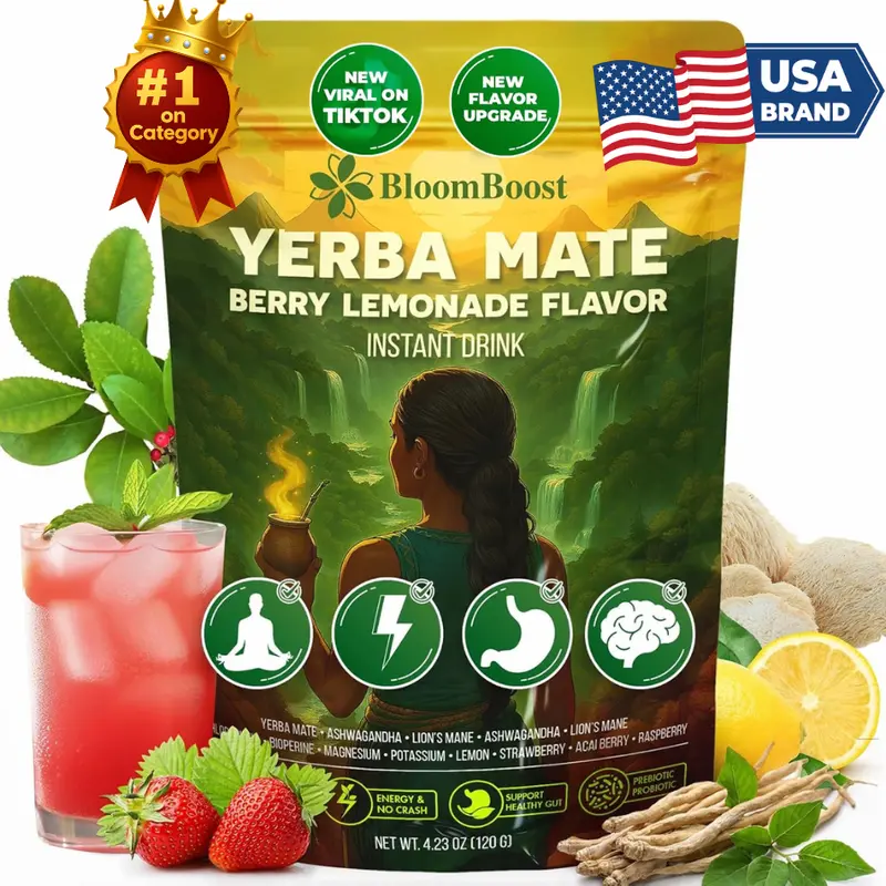 Yerba Mate Instant Tea Powder – Yerba Mate, Ashwagandha, Lion’s Mane, Chlorophyll, Berry Lemonade Flavor – 4.23 oz (11 Servings) – Sugar-Free, Gluten-Free, Superfood Energy & Focus Blend