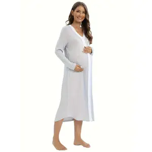 Elegant Maternity Nursing Nightgown - Soft Long Sleeve Nursing Dress For Convenient Breastfeeding - All-Season Wear