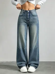 Vintage Washed High-Waisted Wide-Leg Women's Jeans, Loose Fit, Casual Street Style, Tiktok Trendy, Pocket Design, All Seasons
