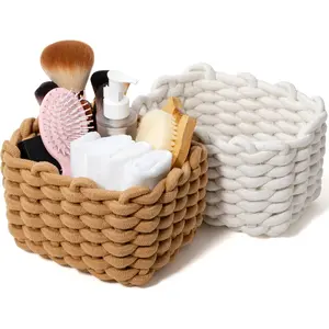 Storage Baskets 2 Pack, Macrame Woven Decorative Baskets for Vanity, Desk, Bathroom & Bedroom Organizer, Small Boho Cotton Rope Bins for Cosmetics, Office Supplies, Cream & Khaki, 7x5.5x5 Inches