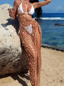 Women's Asymmetric Kimono Dress | One Shoulder Seashell Net Knit Long Dress | Summer Beach Vacation Cover Up