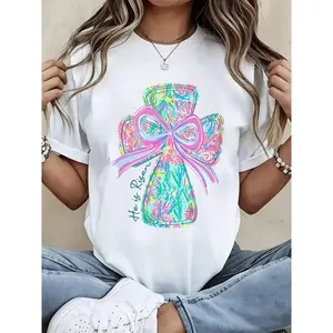 He Is Risen Easter Cross T Shirt Women Christian Religious Faith Statement Top Spring Summer Fashion Casual Wear