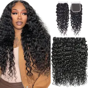 VIPbeauty Water Wave Human Hair Bundles with Frontal Closure , 3 Bundles+ HD Lace Frontal (5x5 Free Part), 12A 100% Unprocessed & Brazilian Virgin Curly weave Hair, Natural Black Color