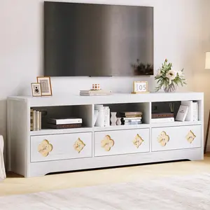 Garvee 70in Mid Century Modern Entertainment Center with Storage Drawer and Open Shelves, Console Media Cabinet for Living Room or Bedroom, White, Fits Up to 85in Screens