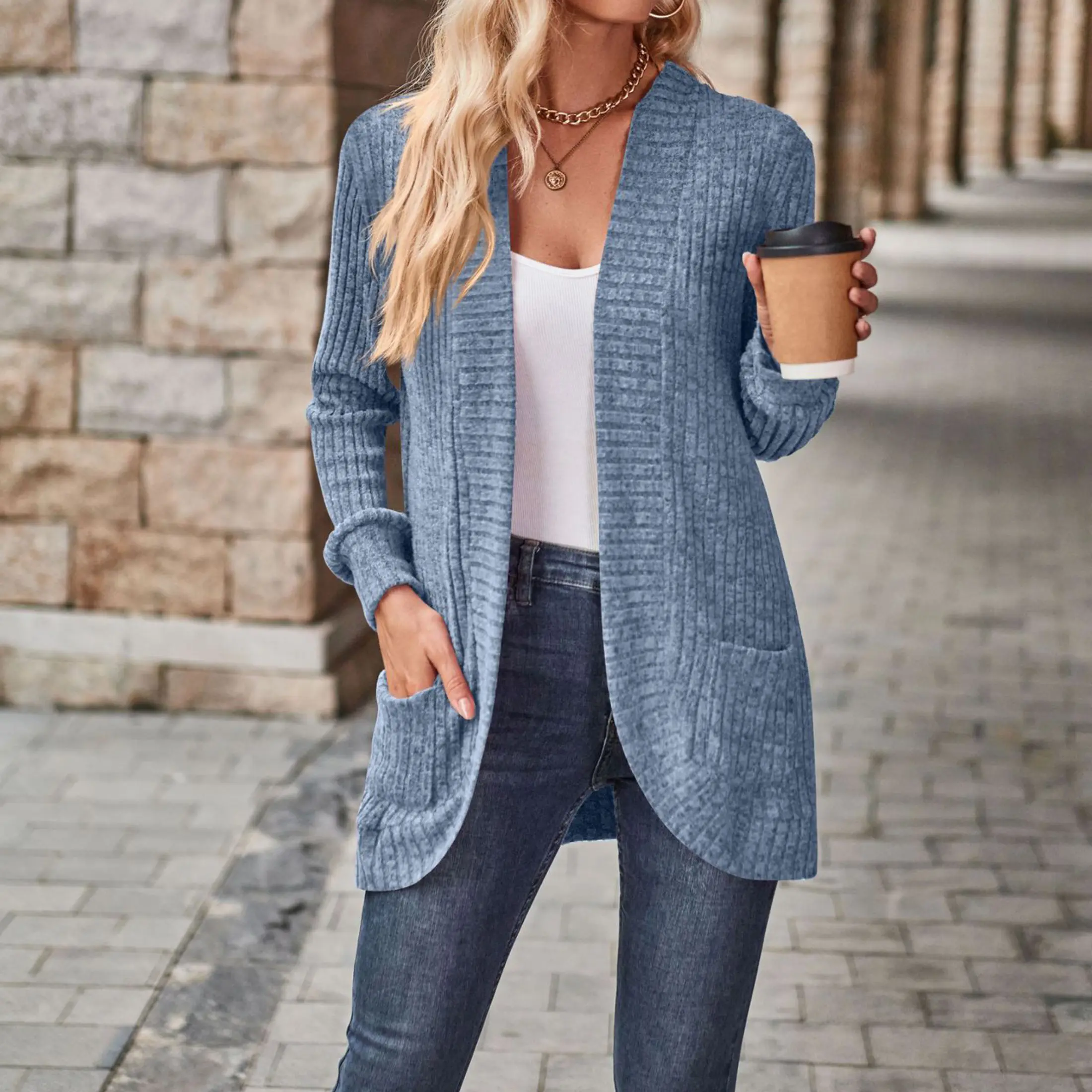 Women's Cardigan Long Sleeve Open Front Knit Cardigan Placket Large Pocket Sweater
