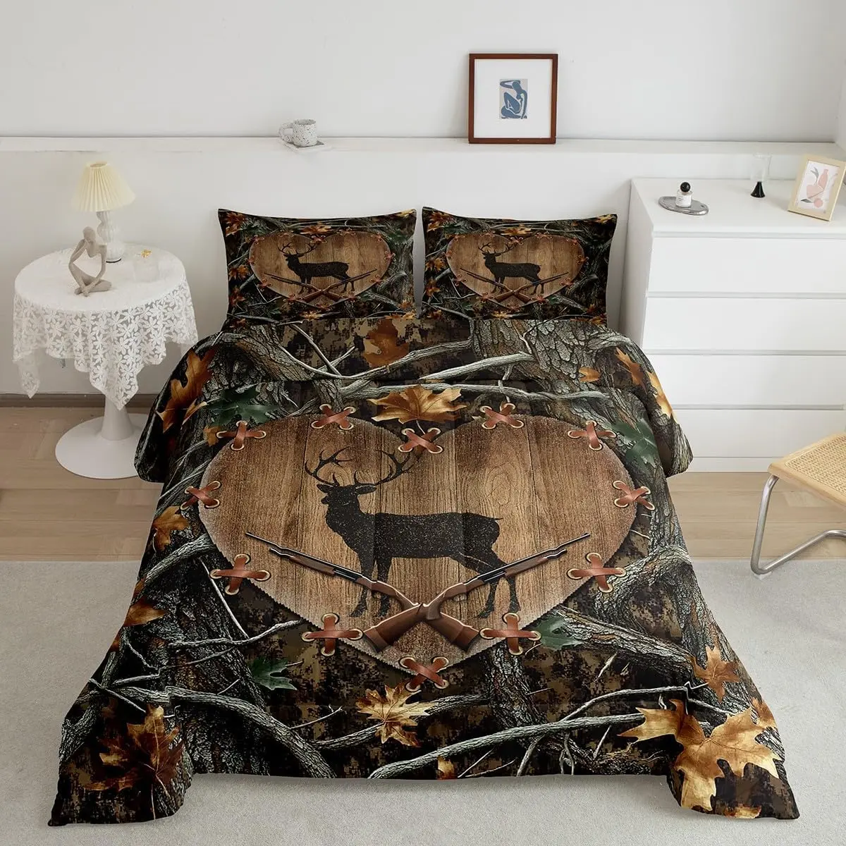Feelyou Multi-Size Lightweight All-Season Duvet Cover Set - Rustic Hunting Cabin-Style Bedding, Comfy Breathable Animal Print Pattern Set with Deer, Bear, Elk, Gun, Leaf-Antler Accents for Girls (Camo), Animal Print Pattern Duvets & Sets, All-Season Duvet