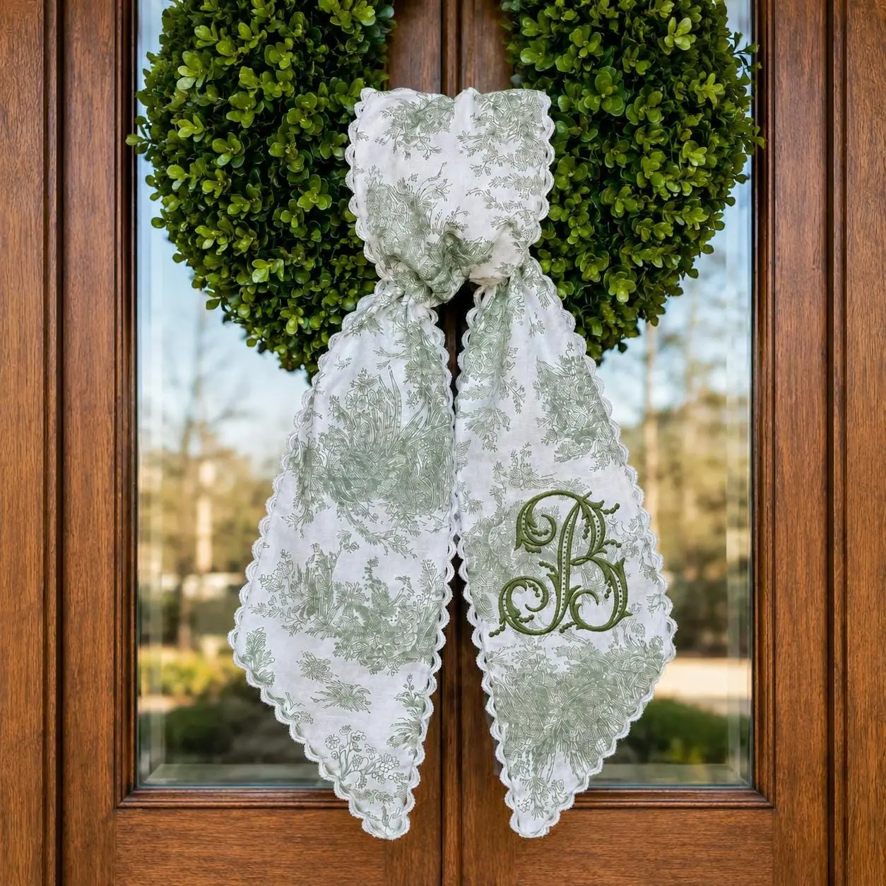 Toile Green Monogram Wreath Sash, Embroidered Sage Green Door Tie, Grandmillennial Front Door Decor Gift Tung Trieu