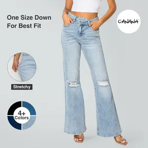Canana Crossover Tummy Control High Rise Bootcut Ripped Flare Stretch Jeans Fashion Asymmetric Vintage Ripped Jeans SH25F15 Streetwear Maxi Womenswear All-Season Wearable Perfect for Dating & Outdoor Activities  #SpringStatement